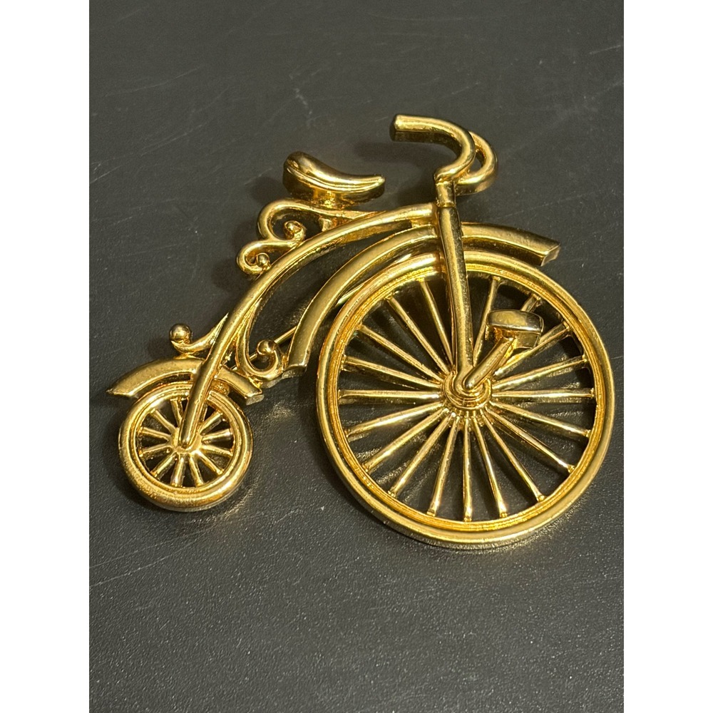 Vintage Gold Tone Penny Farthing Bicycle Brooch Pin High Wheel Bike Accessory